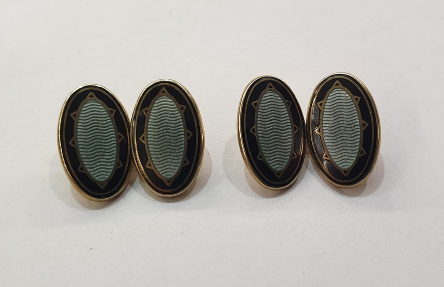 Pair 9ct gold and black and blue guilloche enamel oval and chain cufflinks, approx. 11.5g gross