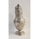 Silver sugar caster with floral repousse decoration, raised on a circular foot, London 1900,
