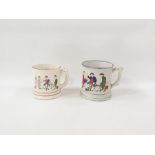 Two various pottery frog cider mugs, each cylindrical and embossed with drinking scene (2)