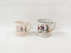 Two various pottery frog cider mugs, each cylindrical and embossed with drinking scene (2)