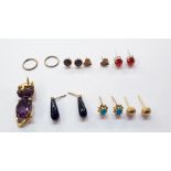 Quantity pairs gold and stone earrings and gold coloured metal amethyst and ruby cat pendant