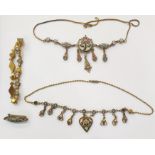 Gilt metal and mosaic necklace, rose and flowerhead decorated with pendant drops, another similar