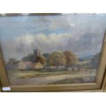 Enoch Crosland RA (1860-1945) watercolour drawing Church and farm within a wooded landscape,