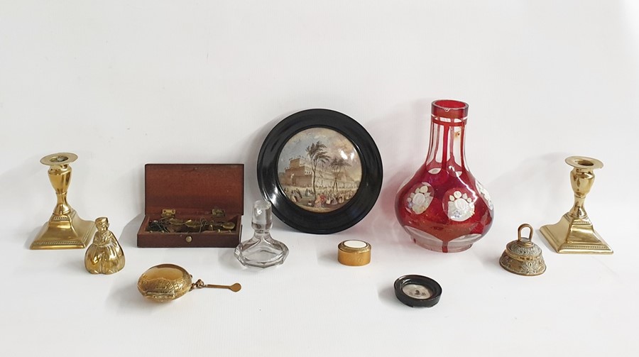 Prattware lid showing the Crystal Palace, within ebonised circular frame, pair of brass