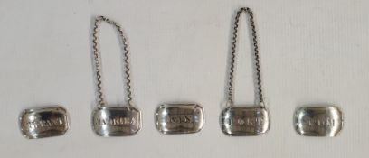 Set of five Georgian silver decanter labels marked 'Port', 'Rum', 'Currant', 'Madeira' and 'Gin',