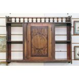 19th century pine and pokerwork wall-hanging shelf unit with single central drawer with pokerwork