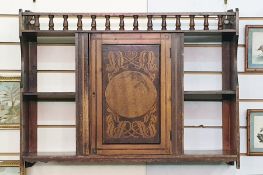 19th century pine and pokerwork wall-hanging shelf unit with single central drawer with pokerwork