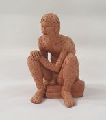 Marlene Badger terracotta sculpture of seated man on cushion, 20cm tall