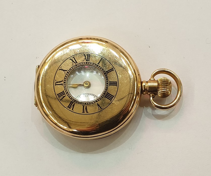 Denison gold-plated half hunter pocket watch, button winding, inscribed to face 'Royal Mail Sims',