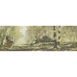 Pamela Cook Oil on board Wooded landscape, signed lower left, 29cm x 89cm