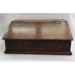 18th century oak bible box, the fall opening to reveal open compartments with two drawers, iron
