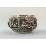 Burmese small bowl decorated with figures and wild animals, including lions and tigers, in relief,