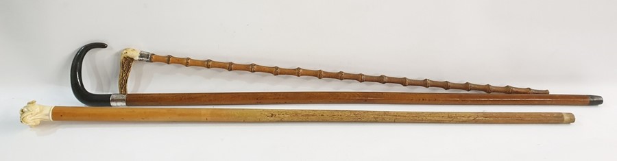 Carved ivory handled bull-dog walking cane, another with silver collar and another horn-handled