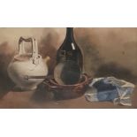 Unattributed  Watercolour drawing  Still life with bottle, terracotta pot, copper saucepan, etc,
