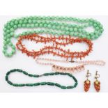 Branch coral necklace, pair branch coral drop earrings and a malachite crystal and jade-coloured