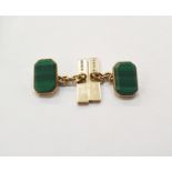 Pair of 9ct gold and malachite cufflinks, each chamfered rectangle and bar pattern with chain,