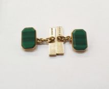 Pair of 9ct gold and malachite cufflinks, each chamfered rectangle and bar pattern with chain,