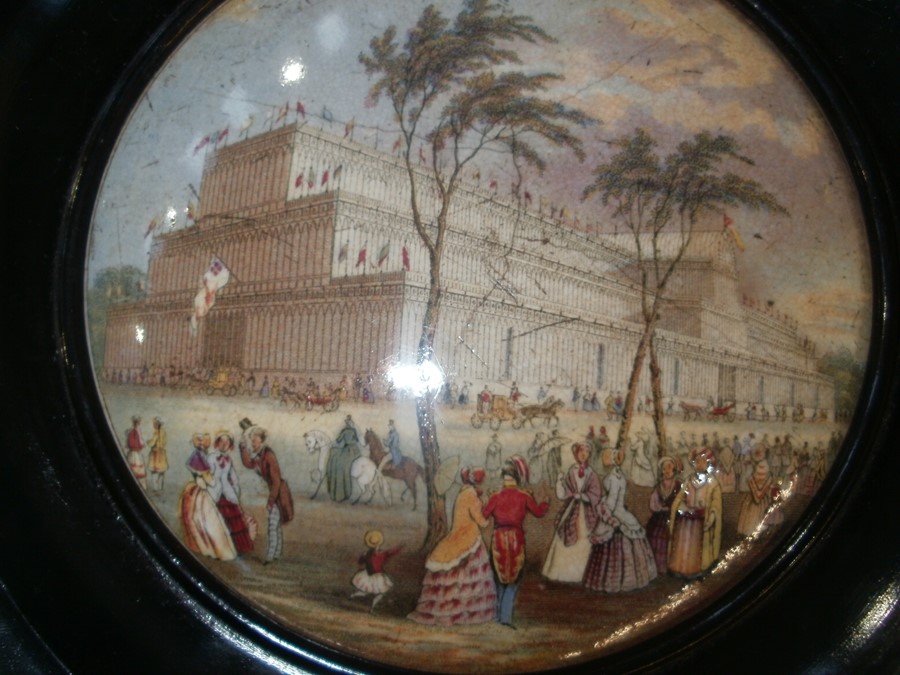 Prattware lid showing the Crystal Palace, within ebonised circular frame, pair of brass - Image 5 of 6