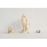 Dieppe figure group of a young man and girl, 14cm high, a carved model of a hen, a dog and a