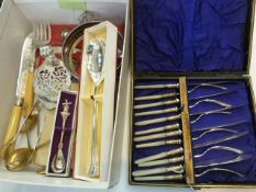 Set of six pairs mother of pearl handled EPNS fish knives and forks, pair bone handled fish