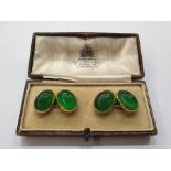 Pair 9ct gold and green cabochon stone cufflinks, each set pair oval green hard stonesCondition
