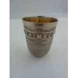Victorian silver-coloured metal thimble whisky tot inscribed 'Just a Thimble Full', 800 mark