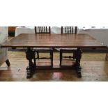 20th century oak refectory-type dining table, the rectangular top on turned and carved supports,
