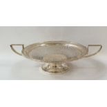 Sterling silver two-handled fruit bowl with openwork lattice patterned sides, angular thread