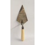 Victorian silver and ivory-handled presentation trowel, inscribed 'Presented to H W Elliot Esq, on