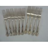 10 assorted silver and electroplate Kings pattern forks to include six Georgian silver forks by