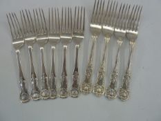 10 assorted silver and electroplate Kings pattern forks to include six Georgian silver forks by