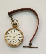 Gold-plated Waltham pocket watch, button winding with subsidiary seconds dial