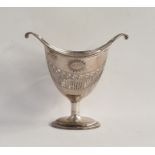 George V silver sugar bowl of boat form, pierced scroll body on single pedestal to oval stepped