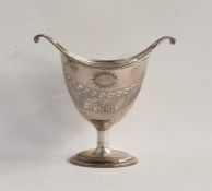 George V silver sugar bowl of boat form, pierced scroll body on single pedestal to oval stepped