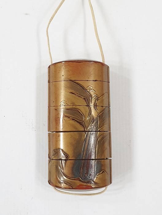 Japanese lacquer five-section inro, gilt ground with lakeside landscape decoration and a junk, 9.5cm - Image 2 of 3