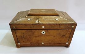 Sarcophagus-shaped fruitwood tea caddy with mother-of-pearl insets, raised on four bun feet, 16cm