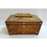 Sarcophagus-shaped fruitwood tea caddy with mother-of-pearl insets, raised on four bun feet, 16cm