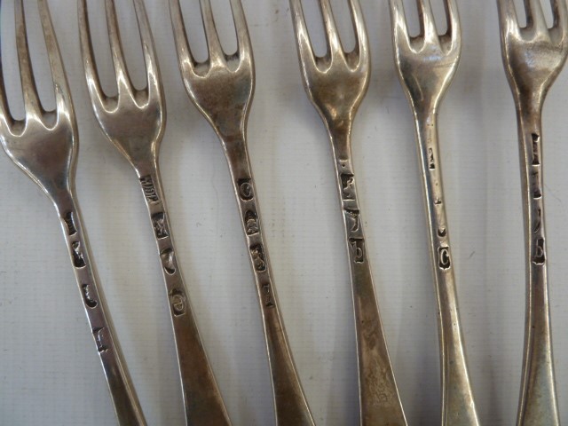 Set of six Georgian silver three-prong forks, Old English pattern, various makers and dates, 7. - Image 2 of 2
