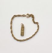 9ct gold Prince of Wales link chain bracelet with small 9ct gold ingot pendant, 6.8g approx.