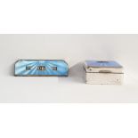 Gieves square silver cigarette box with engine turned blue enamel lid and RAF wings surmount,