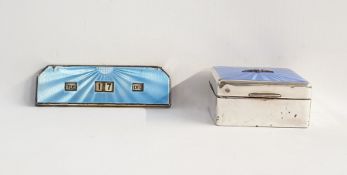 Gieves square silver cigarette box with engine turned blue enamel lid and RAF wings surmount,