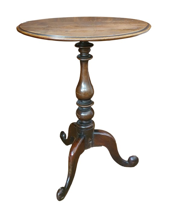 19th century walnut circular centre table with moulded edge, baluster turned supports to three