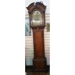 George III mahogany and oak longcase clock with broken arched pediment, the brass broken arched dial