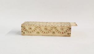 Carved prisoner of war bone dominoes box with sliding lid, geometric circle decoration, containing
