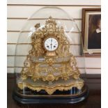 French gilt metal and alabaster mantel clock, the drum-shaped movement flanked by figure of girl