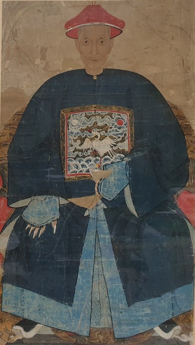 Chinese school Watercolour drawing  Ancestor portrait, seated male official in robe with rank badge,