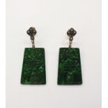 Pair white and yellow metal, jade, emerald and diamond earrings, each set with small diamonds,