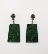 Pair white and yellow metal, jade, emerald and diamond earrings, each set with small diamonds,