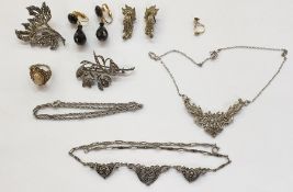 Marcasite set necklace, a marcasite snowdrop brooch and other marcasite and similar jewellery