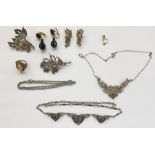 Marcasite set necklace, a marcasite snowdrop brooch and other marcasite and similar jewellery